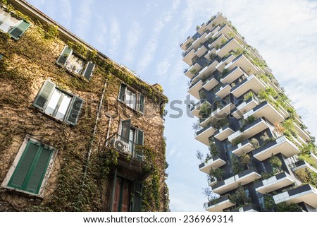 Milan, porta nuova, IT. november 17 2014. Vertical forest buildings.It\'s called like this because each tower will house trees between 3 and 6 meters which will help mitigate smog and produce oxygen