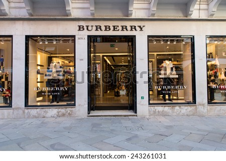 Venice, IT. November 14, 2014. The Burberry shop in Venice. Burberry Group plc is a British luxury fashion house, distributing outerwear, fashion accessories, fragrances, sunglasses, and cosmetics.