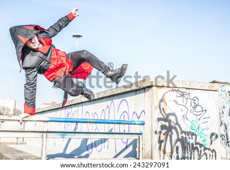 man performing parkour move outdoor with cosplay costume