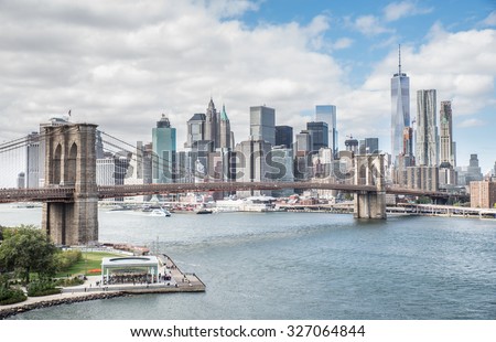 View of Brooklyn Bridge and Manhattan skyline - New York City downtown, photographed from Manhattan Bridge