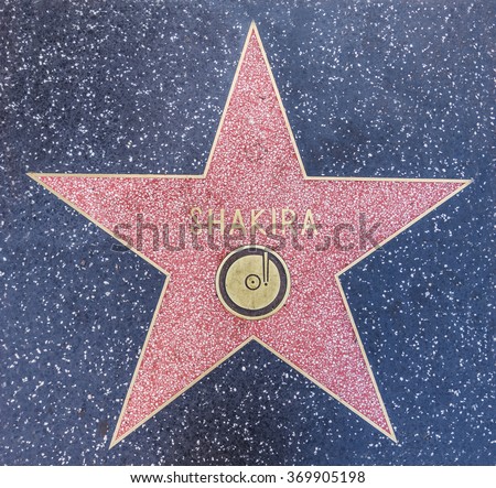 LOS ANGELES, CA - OCTOBER 12, 2015: Columbian singer Shakira\'s star on Hollywood Boulevard where she was honored with the 2,454th star on the Hollywood Walk of Fame