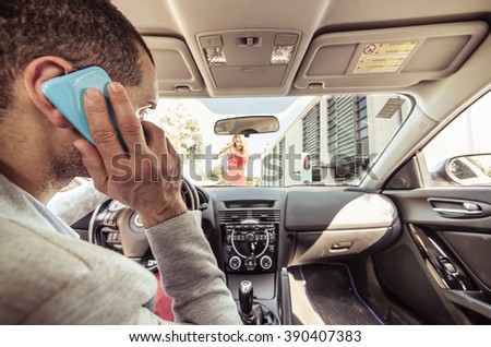 Car accident. Distracted driver on the phone running over a pedestrian. Concept about transportation and driving dangers