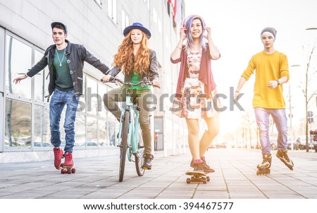 Group of teens making activities in an urban area. concept about youth and friendship