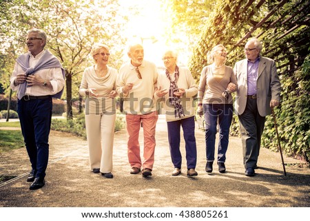 Group of old people walking outdoor. Old friends walking in a park during a sunny day