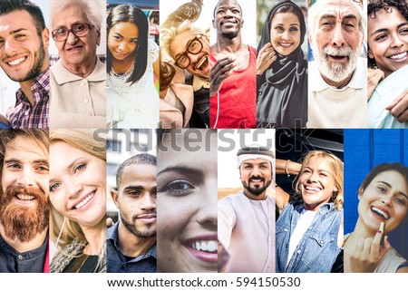 Composition with smiling people. Collage with multiracial faces in different daily life situations