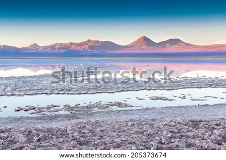 View of mountains reflected in a salt lake near San pedro de Atacama, Chile