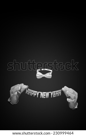 Happy new year paper cut words holding by an invisible man who has a white dickey and white gloves.