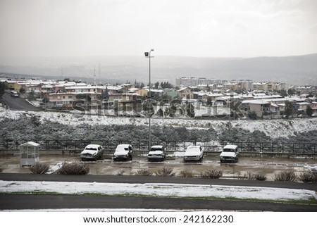 Snowy weather and the car wrecks at disaster training center, Izmir Turkey, January 06 2015