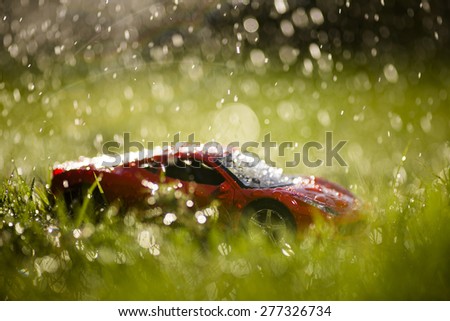 Red sport car under the rain in the meadow.