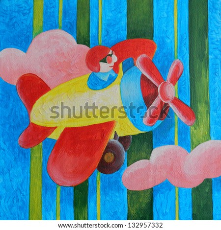 Original acrylic painting of a classic plane with a propeller, rendered as an engaging dimensional art piece; ideal for anything directed at children or parents.