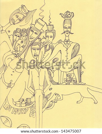 A pen drawing illustration of a surreal tea party. People with cups and kettle on their heads; cats, dogs, birds as their pets. A family time.
