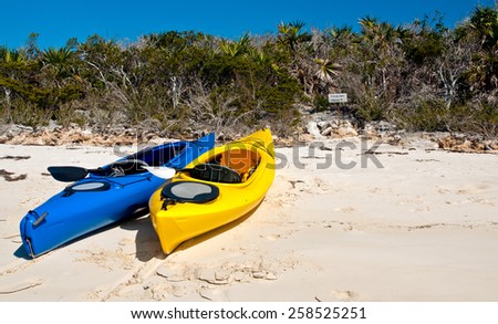 Yellow and blue kayaks on the white sand beach with trees and scrub brush in the background.  copy space in the sand available