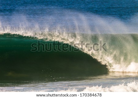 Ocean Wave Tunnel Ocean wave curling and crashing onto a shallow reef with shape and power.