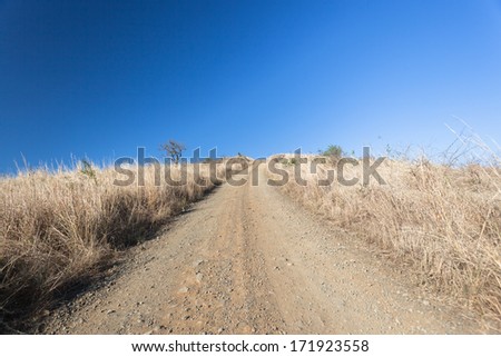 Dirt Road Blue Brown Landscape Steep four-wheeler dirt road rising towards the blue sky horizon