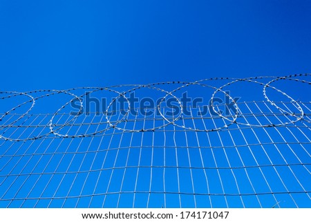 Razor Wire Fence Section Razor wire fence section against blue sky for property protection.