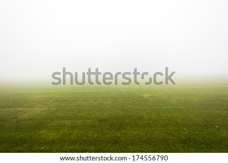 Green Grass Field Mist Green grass sports field covered in cloud mist