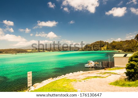 Blue Clears Waters River Lagoon Landscape Clear blue waters of river lagoon sea estuary landscape with reefs and color terrain