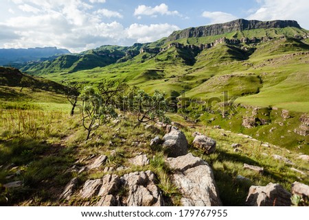 Mountains Rocky Valley Summer  Mountain valley pass rugged rocky terrain summer afternoon in color