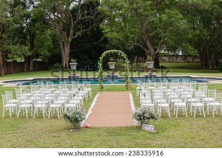 Wedding Decor Home Wedding decor chairs ceremony lawn pool landscape with guests lunch dinner table settings on porch veranda of mansion home.