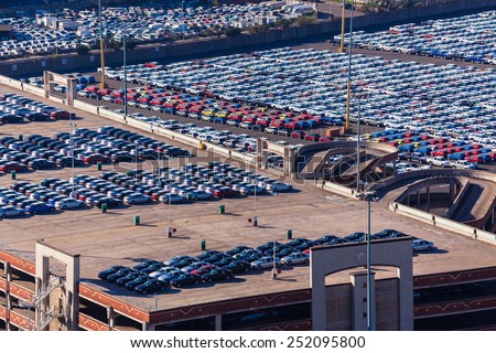 Cars Export Terminal Durban harbor port cars vehicles  terminal for export import landscape from birds-eye air position.
