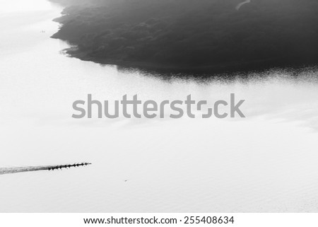 Canoes Paddling Birdseye Black White\
Canoes paddlers race across waters silhouetted birdseye air landscape in black and white vintage
