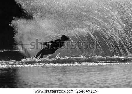 Water Skiing Girl Black White\
Water skiing girl upright water wall spray wake off ski in vintage black and white