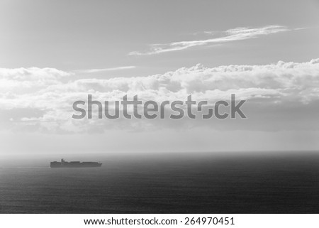 Ship Ocean Birdseye  Black White\
Ship travels open ocean seas overlooking birds-eye in black white vintage contrasts
