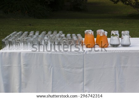 Table Juice Water Glasses Outside\
Refreshments water juice jugs and glasses on table outside home garden landscape