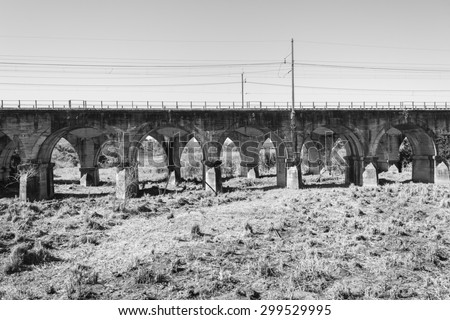 Railway Bridge Black White\
Train railway bridge concrete arches over dry river bed landscape in vintage black and white.