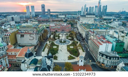 Aerial photo with drones. Plaza de Mayo (May square) in Buenos Aires, Argentina. It\'s the hub of the political life of Argentina.
