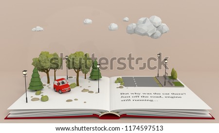 Story PopUp book. A car is found abandoned in the woods, close to a road.