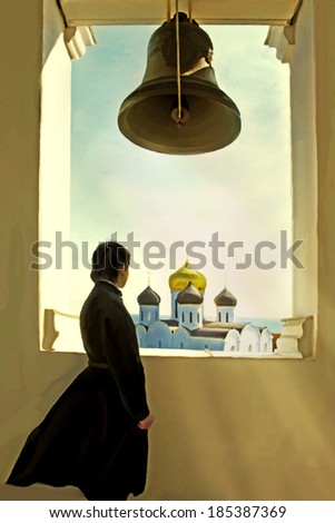 Easter. Religious holiday. Monk in the bell tower on a background of church domes. illustration
