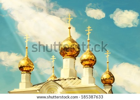 Orthodox church domes against the sky. religious holiday illustration, easter