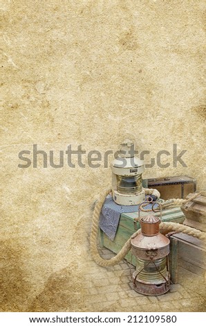 retro marine gas lamp, boxes, rope  on the old vintage textured paper background collection