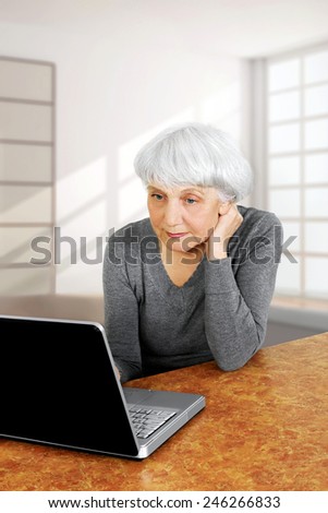 elegant elderly senior woman using laptop computer communicates at home