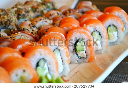 Delicious rolls and sushi with eel, salmon and philadelphia