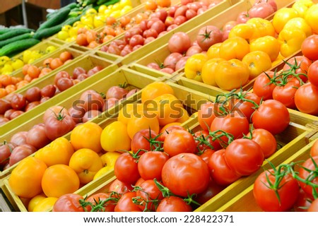 Different vegetables and fruit in grocery store