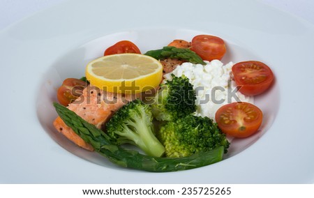 Salomon With Lemon, Tomato, Cottage Cheese, Asparatgus And Broccoli