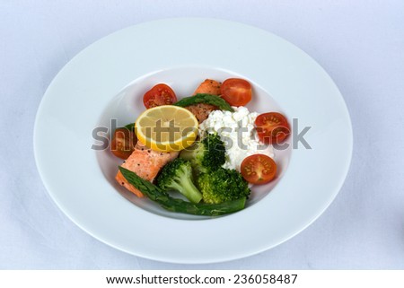 Salomon. Cottage Cheese, Lemon, Asparagus, Tomato And Broccoli