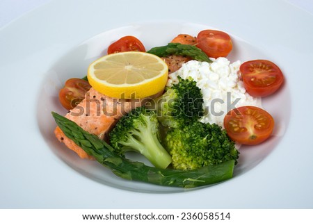 Salomon. Cottage Cheese, Lemon, Asparagus, Tomato And Broccoli