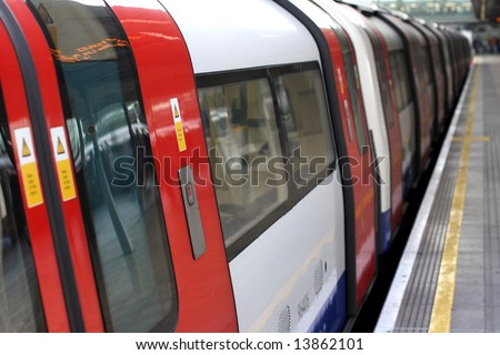 London Under ground or tube train in a station at Stratford, London.