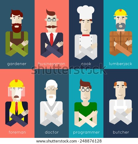 People portraits in different professions.Set of vector illustration in modern flat style. Gardener, butcher, businessman, cook, woodcutter, doctor, computer programmer, builder, engineer
