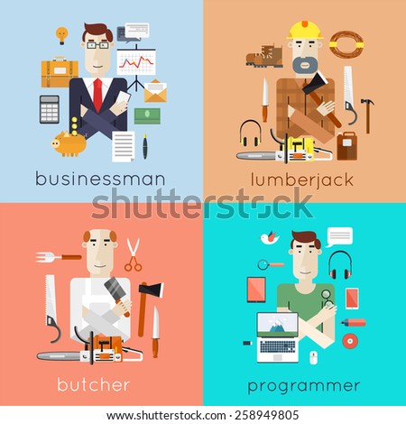 Set of different people professions characters with tools icons. Businessman, programmer, butcher, lumberjack. Set of vector illustration in modern flat style.