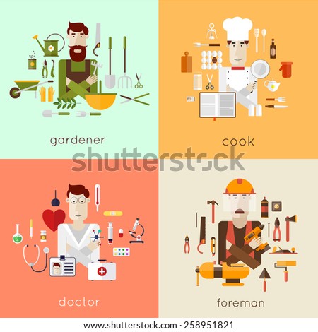 Set of different people professions characters with tools icons. Gardener, cook, doctor, foreman. Set of vector illustration in modern flat style.