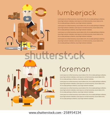 Set of different people professions characters with tools icons. Foreman, lumberjack. Set of vector illustrations in modern flat style.