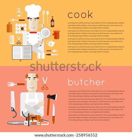 Set of different people professions characters with tools icons. Cook, butcher. Set of vector illustrations in modern flat style.