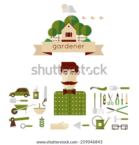 Man gardener and garden tools. Environmental activities. Gardening icons set. The gardener's house. Home and garden. Modern flat style. Vector illustrations.