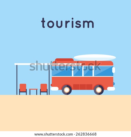Camping van. Travel camping. Summer vacation, traveling, beach recreation, surfing, lifestyle. Flat vector illustration.