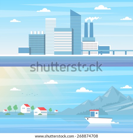 Urban landscape and country landscape. Flat style vector illustration.