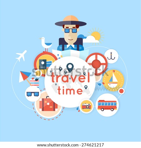 World Travel. Planning summer vacations. Summer holiday. Tourism and vacation theme. Flat design vector illustration. Material design.